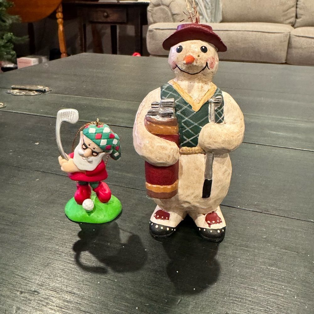 Set of 2 Golf Themed Christmas Tree Ornaments Snowman and Elf